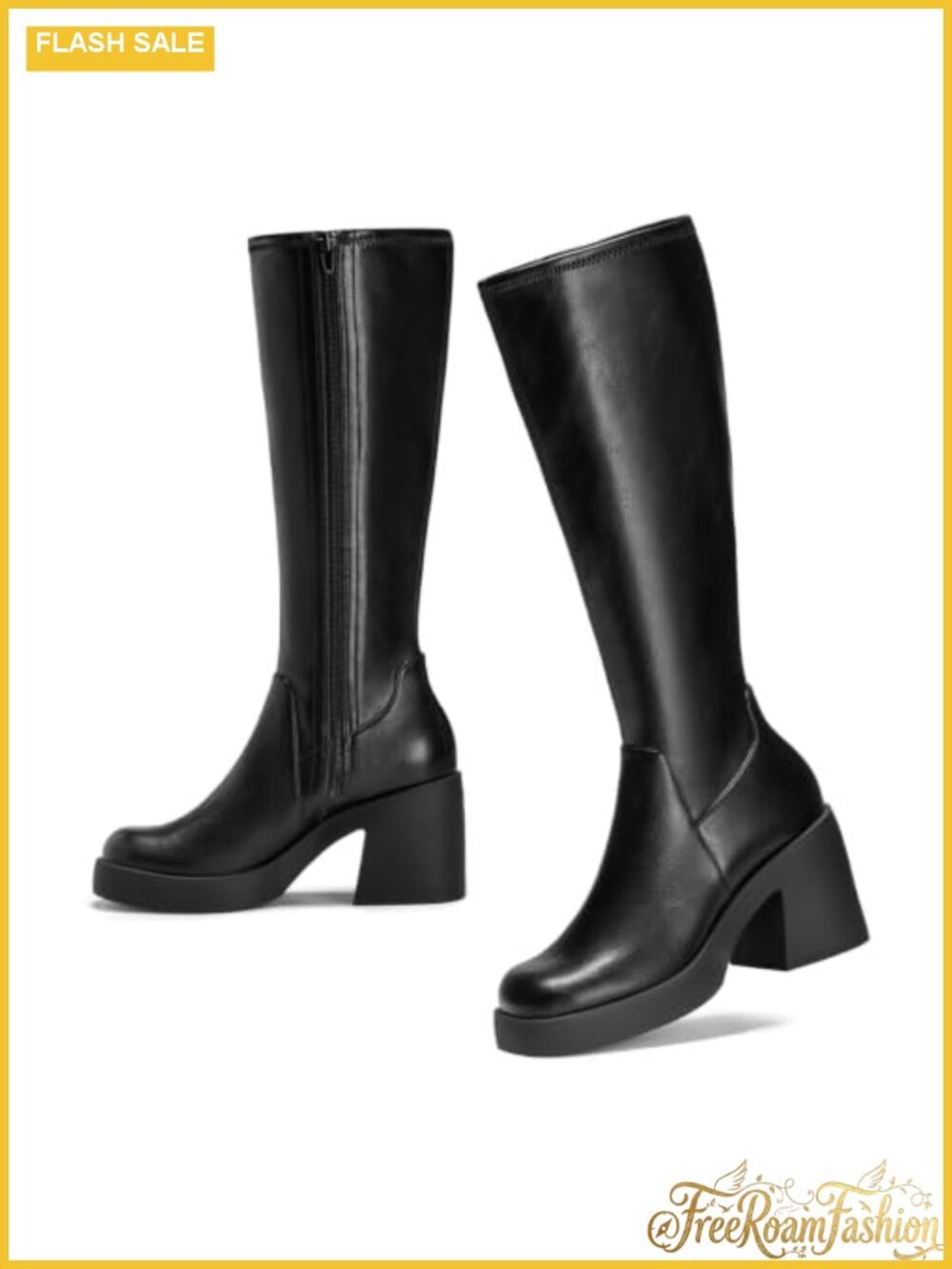 Knee High Square Toe Platform Chunky Block Heel Boots PU